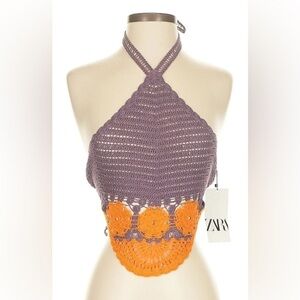 Zara Purple and Orange Cropped Halter Top